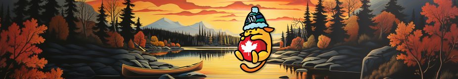 Banner image with lake and mountains in background, WC Canada Wapuu in the center